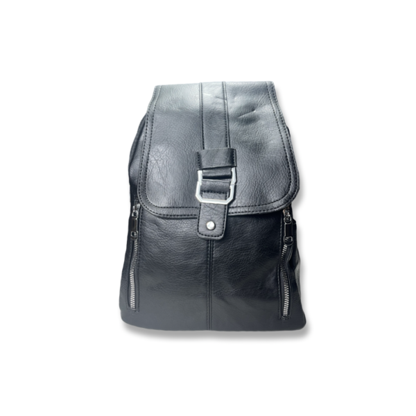 Rucsac damă negru din piele ecologică, design urban, cu buzunare laterale și închidere cu clapetă