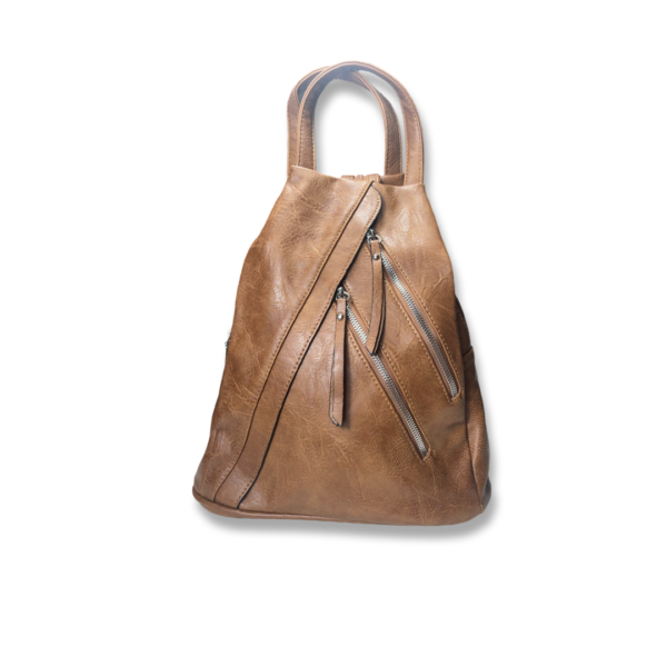 Rucsac damă maro din piele ecologică cu design asimetric și buzunare frontale cu fermoar