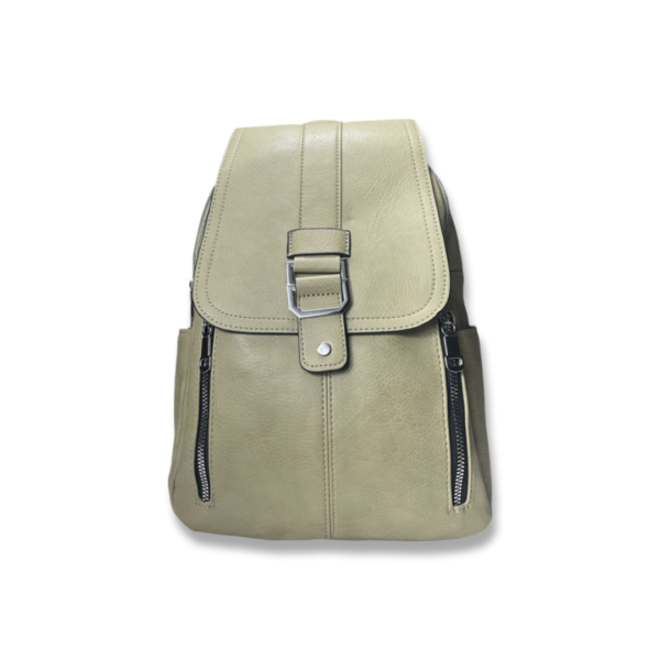 Rucsac damă bej din piele ecologică cu cataramă decorativă și buzunare laterale cu fermoar
