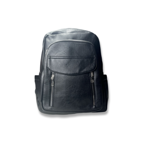 Rucsac damă negru din piele ecologică cu buzunare cu fermoar și design minimalist
