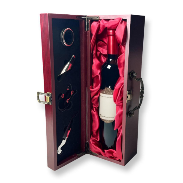 Set Accesorii Vin în Cutie de Lemn Luxoasă cu Interior Satinat – 5 Piese Profesionale pentru Degustare