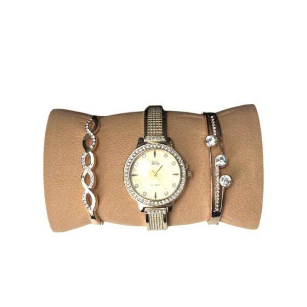 Set Ceas de Damă Auriu cu Cristale + 2 Brățări Elegante – Accesoriu Glamour cu Design Rafinat