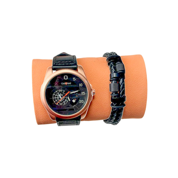 Set Ceas Bărbătesc CASORAY cu Cadran Negru și Carcasă Rose Gold + Brățară Neagră Din Piele Împletită