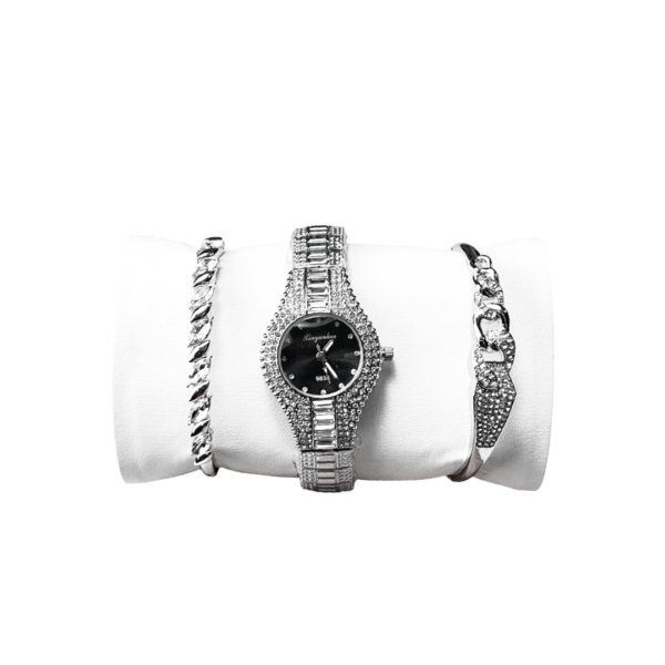 Set Ceas și Brățări de Damă Argintii cu Cristale – Cadran Negru, Design Elegant și Strălucitor