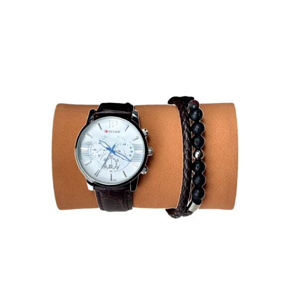 Set Cadou JOSEPH pentru Bărbați – Ceas cu Curea Maro și Brățări Negru-Mat, Cutie Elegantă Neagră