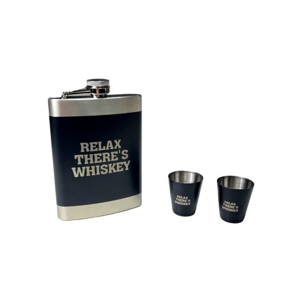 Set Cadou “Relax There’s Whiskey” – Borsetă Inox, Pahare, Pix, Briceag și Pâlnie în Cutie Elegantă