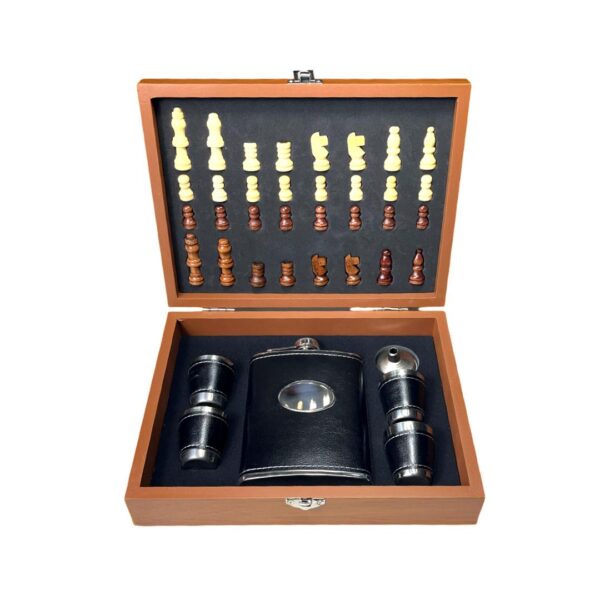 Set Cadou Premium Șah și Borsetă Whisky – Cutie din Lemn cu Pahare, Palnie și Piese de Joc